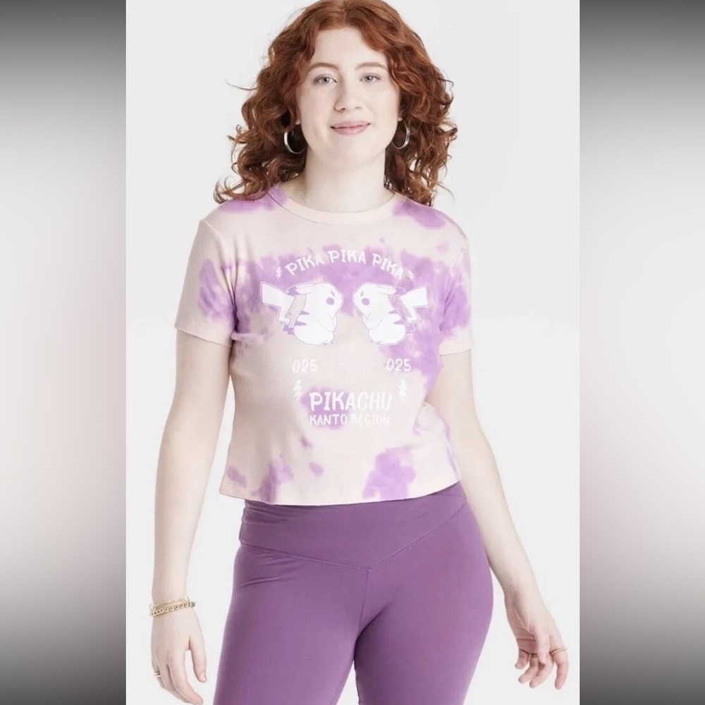 Pokémon Pikachu Tie-Dye Baby Tee Juniors Large Purple White Graphic T-Shirt